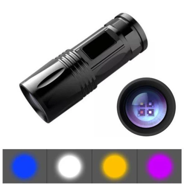 4 Renk UV Balıkçı Feneri 300 Lümen Zoom 2 Mod USB Şarj Dahili Pil