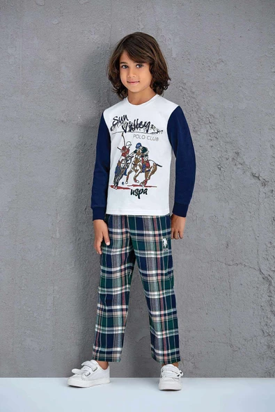 Us Assn Erkek Çocuk Pijama Takımı Krem Ekose 4-7 Yaş