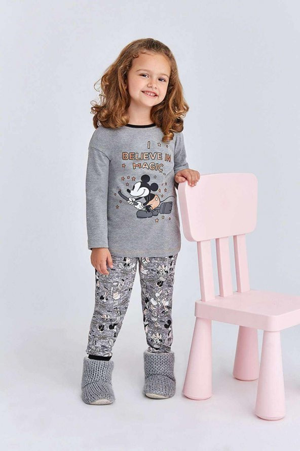 Mickey & Minnie Mouse Lisanslı Kız Çocuk Pijama Takımı Koyu Gri