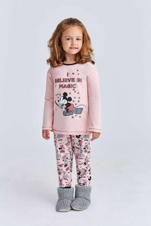 Mickey & Minnie Mouse Lisanslı Kız Çocuk Pijama Takımı Pudra