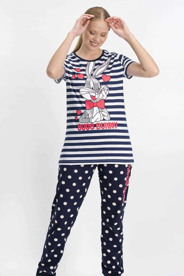 Kadın Bugs Bunny Lisanslı Lacivert Pijama Takımı - 1