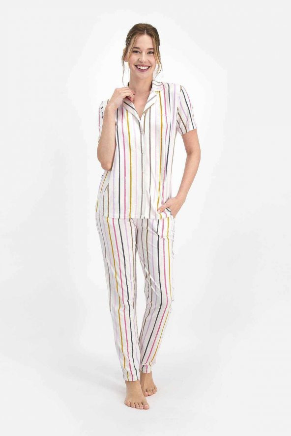 Striped Krem Kadın Gömlek Pijama - PC7747-S