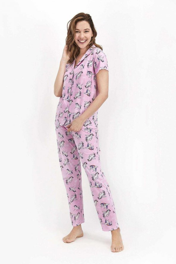 Kadın Toz Pembe Unicorn Gömlek Pijama Takımı - RP2416-S
