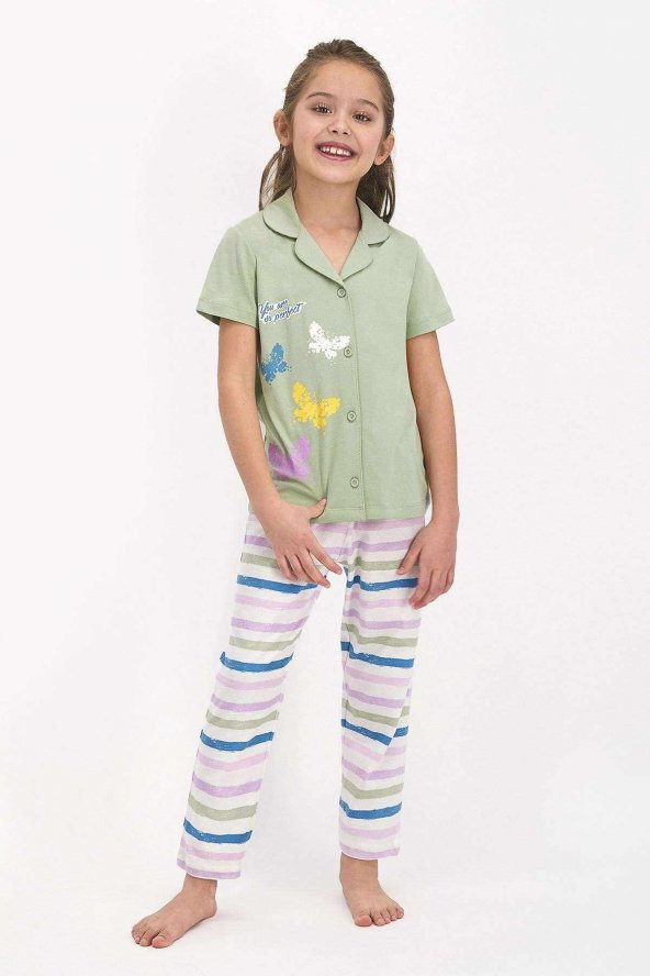 Kız Çocuk Yeşil Gömlek Pijama Takımı - RP2468-C - 1