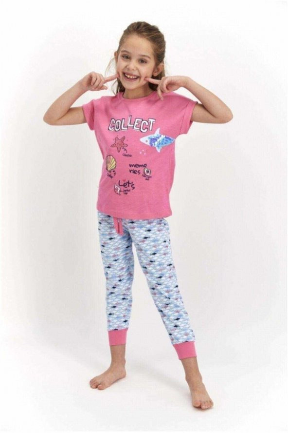 Kız Çocuk Pembe Kısa Kollu Pijama Takımı Rp2460-2 - RP2460-2