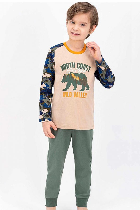 Erkek Çocuk Kamuflaj Koyu Bej Wild Bear Pijama Takımı
