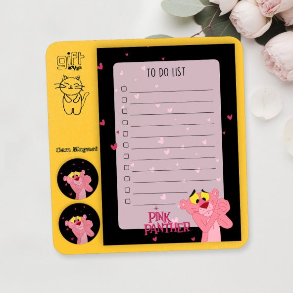 Cam Magnet Rozetli To Do List Mini Set - Pink Panther Not Defteri