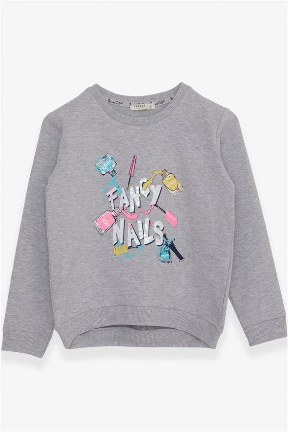 Kız Çocuk Sweatshirt Renkli Oje Baskılı Gri Melanj Soft (6-12 Yaş)