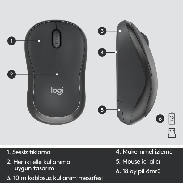 Logitech Sessiz Kablosuz Türkçe Klavye Mouse Seti - Siyah - Resim 7