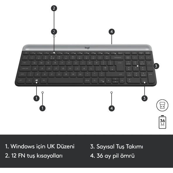 Logitech Kablosuz İnce Türkçe Klavye Mouse Seti - Siyah - Resim 6