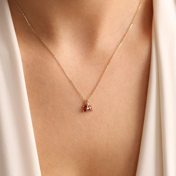 14 Ayar Altın Uğur Böcek Kolye Minimal - Resim 2