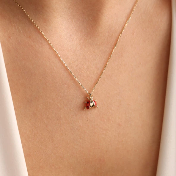 14 Ayar Altın Uğur Böcek Kolye Minimal - Resim 4