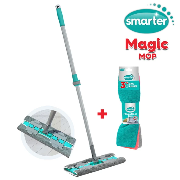 SMARTER MAGIC MOP + MİKROFİBER 3 LÜ TEMİZLİK BEZİ PASPAS MANDALLI YER YÜZEY TEMİZLİK HAVLUSU BEZİ UYUMLU