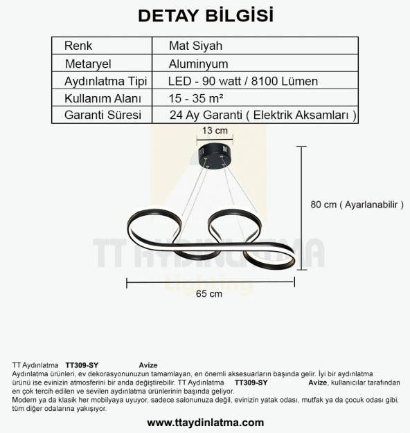 TT Aydınlatma TT309-SY  Yılan Modeli Mat Siyah 2 Renk Modüllü Led Avize - 5