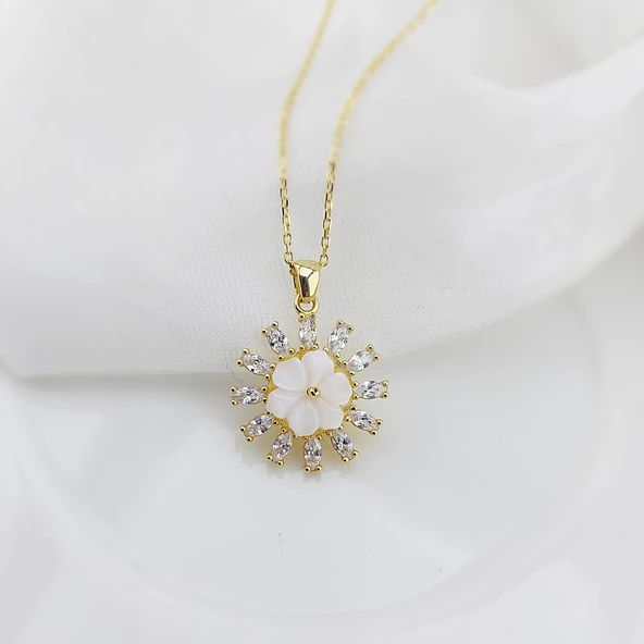 Vaoov 925 Ayar Gümüş Sedef Çiçekli Taşlı Hediye Kolye - Resim 4