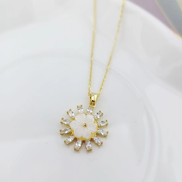 Vaoov 925 Ayar Gümüş Sedef Çiçekli Taşlı Hediye Kolye - Resim 2