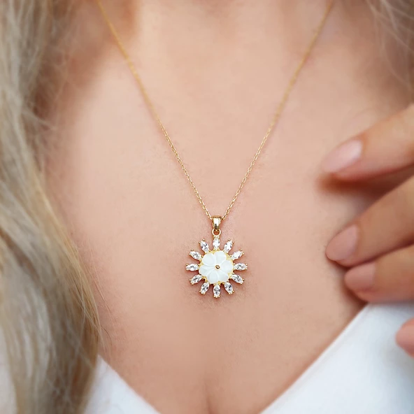 Vaoov 925 Ayar Gümüş Sedef Çiçekli Taşlı Hediye Kolye - Resim 5