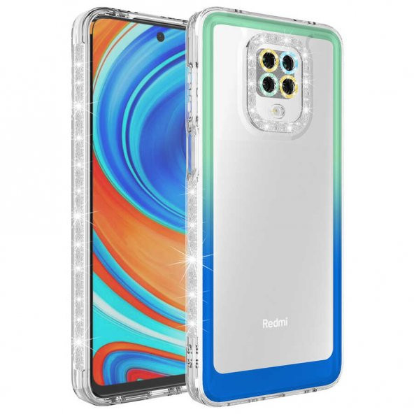 Xiaomi Redmi Note 9S Kılıf Simli ve Renk Geçiş Tasarımlı Lens Korumalı Park Kapak