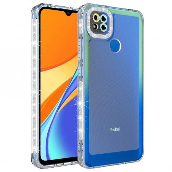 Xiaomi Redmi 9C Kılıf Simli ve Renk Geçiş Tasarımlı Lens Korumalı Park Kapak