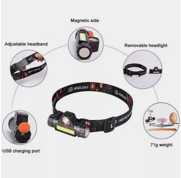 Kafa Lambası Cob + XPE Led Şarjlı Dahili Pil Mıknatıslı 2 Modlu - 6