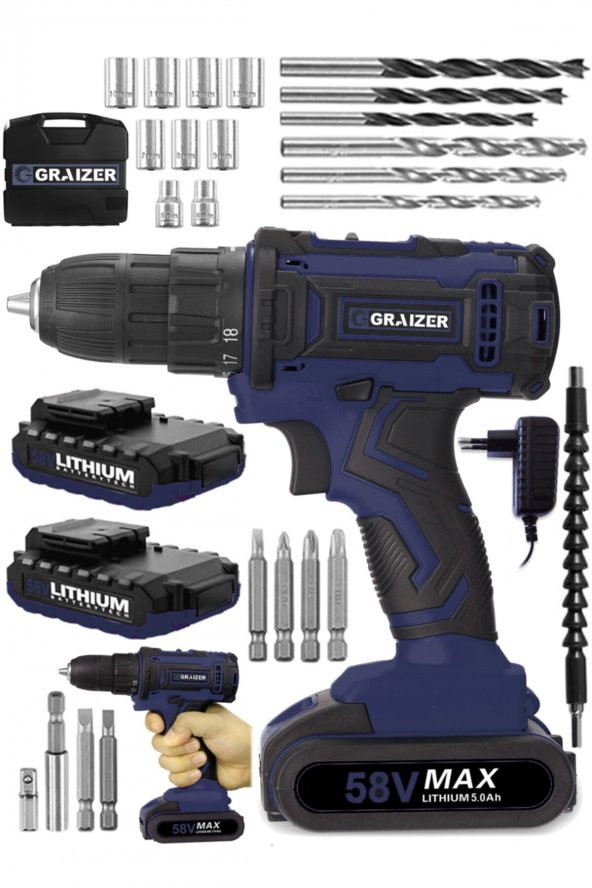 Graizer Alman 58 V 5 Ah Bakir Sargi Darbeli Çift Akülü Vidalama Metal Şanzuman Şarjlı Matkap