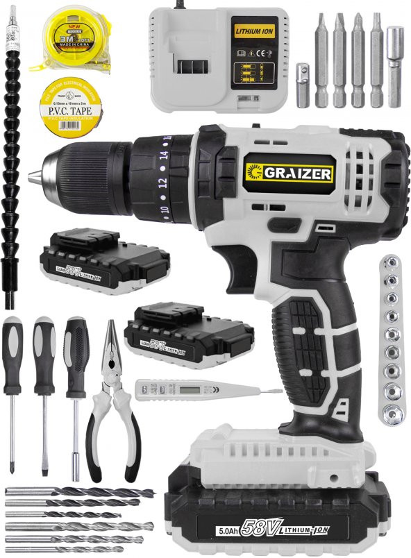 Graizer Alman Technology 58 V 5 Ah Darbeli Çift Akülü Şarjlı Vidalama Matkap 32 Parça Hobi Set