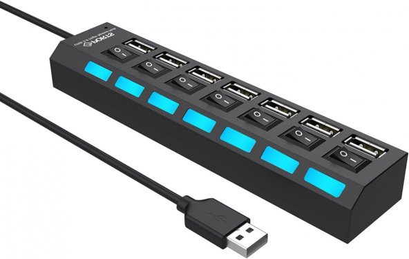 Valkyrie 7 Portlu 2.0 USB Hub Çoklu USB Çoklayıcı Splitter Power Tuşlu Adaptör Siyah