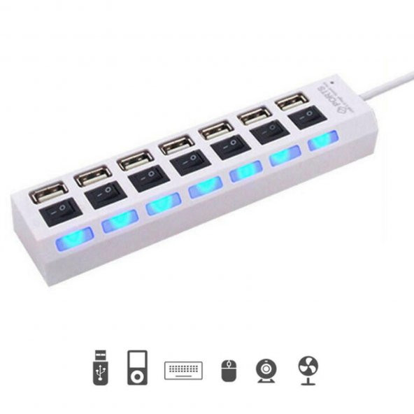 Valkyrie 7 Portlu 2.0 USB Hub Çoklu USB Çoklayıcı Splitter Power Tuşlu Adaptör Beyaz - 6