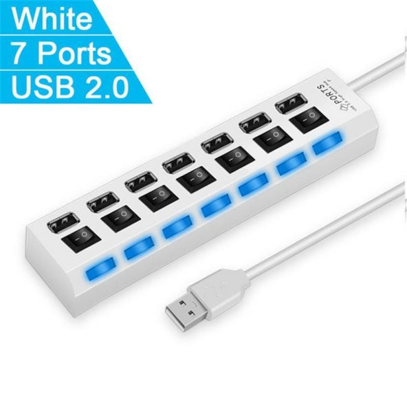 Valkyrie 7 Portlu 2.0 USB Hub Çoklu USB Çoklayıcı Splitter Power Tuşlu Adaptör Beyaz - 7