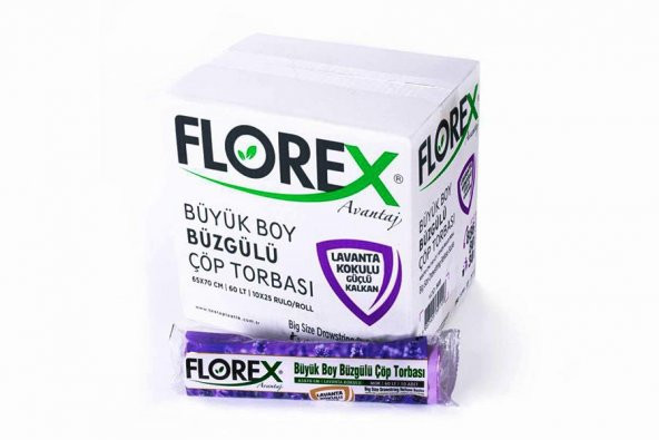 Florex 60 Litre Büzgülü Lavanta Kokulu Çöp Torbası Poşeti / 65 x 70 Cm. - 10x25 Rulo / Koli