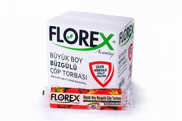 Florex 60 Litre Büzgülü Çilek Kokulu Çöp Torbası Poşeti / 65 x 70 Cm. - 10x25 Rulo / Koli