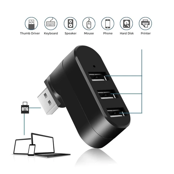 Valkyrie 3 Portlu USB 2.0 Hub Döner Kafalı Splitter Hub Adaptör Siyah - 7