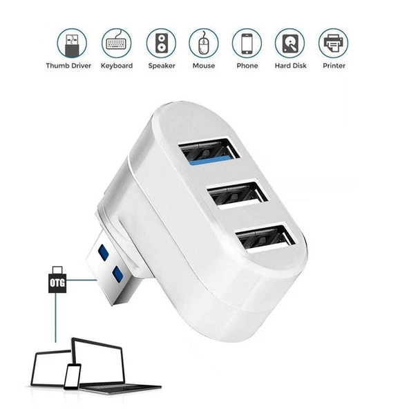 Valkyrie 3 Portlu USB 2.0 Hub Döner Kafalı Splitter Hub Adaptör Beyaz - 2