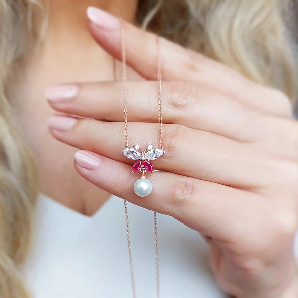 Vaoov 925 Ayar Gümüş Kelebek ve İncili Kolye - Resim 3