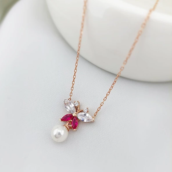 Vaoov 925 Ayar Gümüş Kelebek ve İncili Kolye - Resim 2