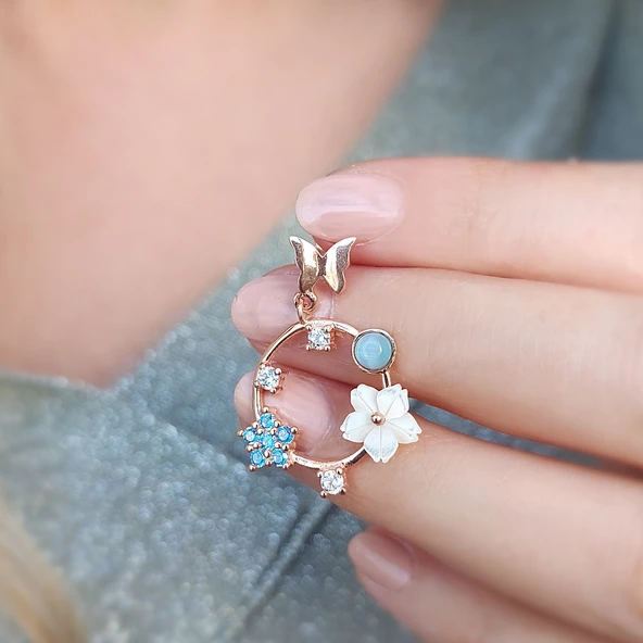 Vaoov 925 Ayar Gümüş Sedef Çiçekli Mavi Taşlı Kelebek Küpe - Resim 4