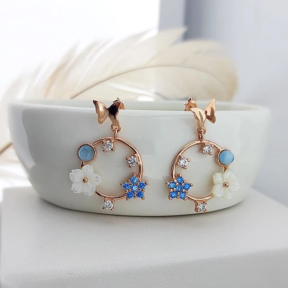 Vaoov 925 Ayar Gümüş Sedef Çiçekli Mavi Taşlı Kelebek Küpe ürün görseli