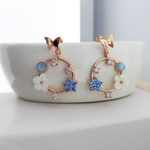 Vaoov 925 Ayar Gümüş Sedef Çiçekli Mavi Taşlı Kelebek Küpe - Resim 3