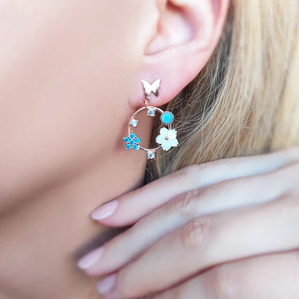 Vaoov 925 Ayar Gümüş Sedef Çiçekli Mavi Taşlı Kelebek Küpe - Resim 2