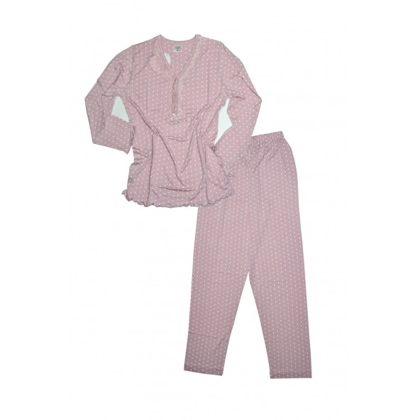 Kadın pembe beyaz puanlı bambu uzun kol uzun pantolon orta kalın baharlık rahat pijama takımı 19590 - 2