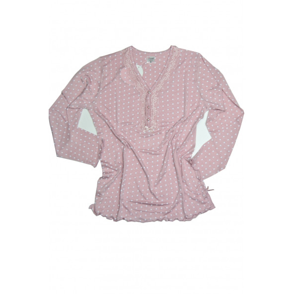 Kadın pembe beyaz puanlı bambu uzun kol uzun pantolon orta kalın baharlık rahat pijama takımı 19590 - 4