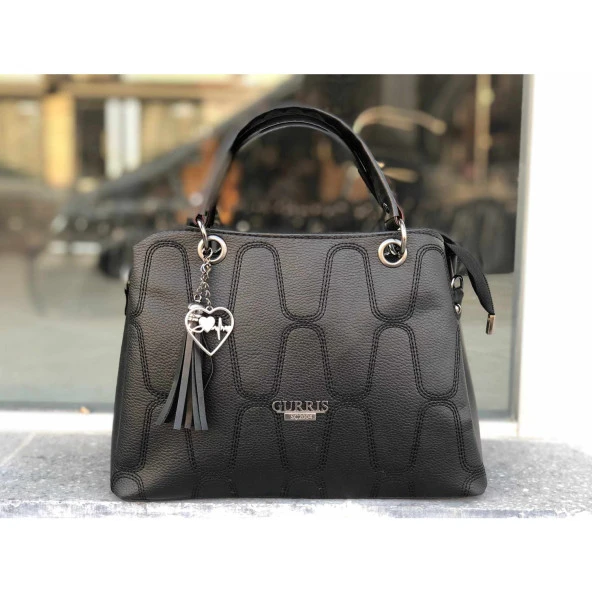 Siyah Yuvarlak Nakışlı Bayan Askılı El ve Omuz Çantası - 4