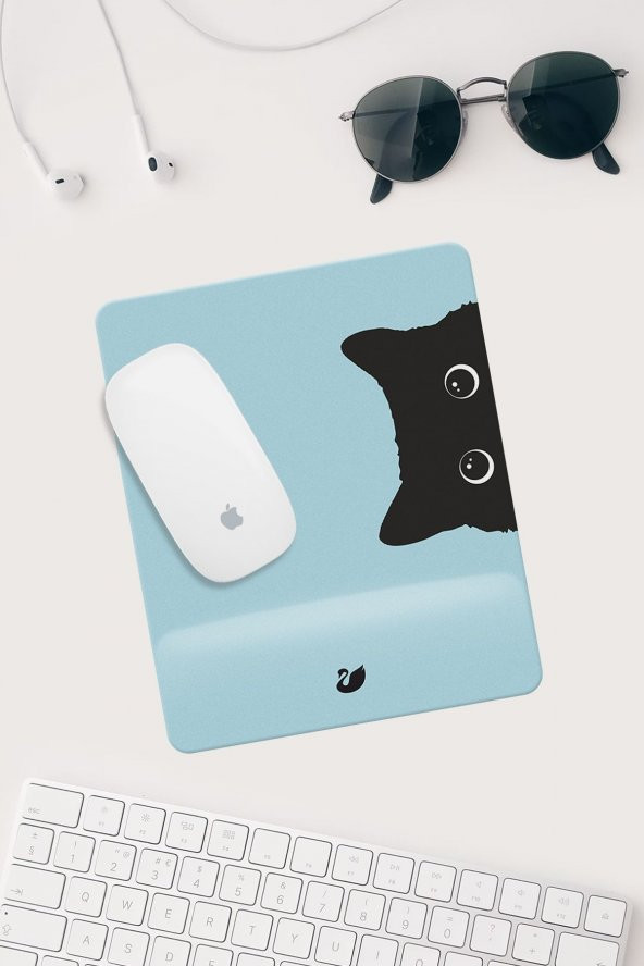 Mavi Kedi Çizimli Bilek Destekli Dikdörtgen Mouse Pad