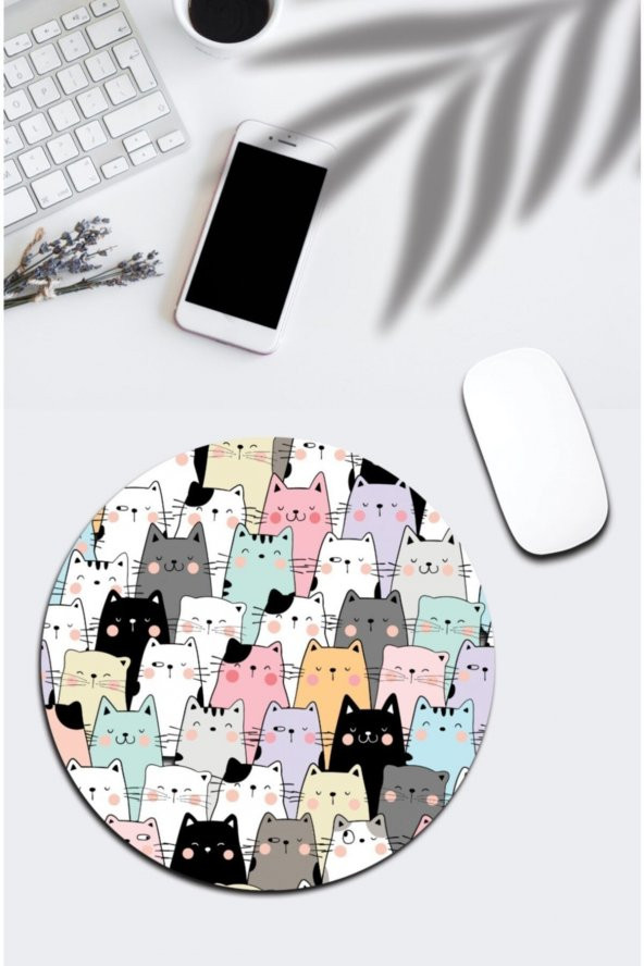 Karışık Renkli Kedili Yuvarlak Mouse Pad