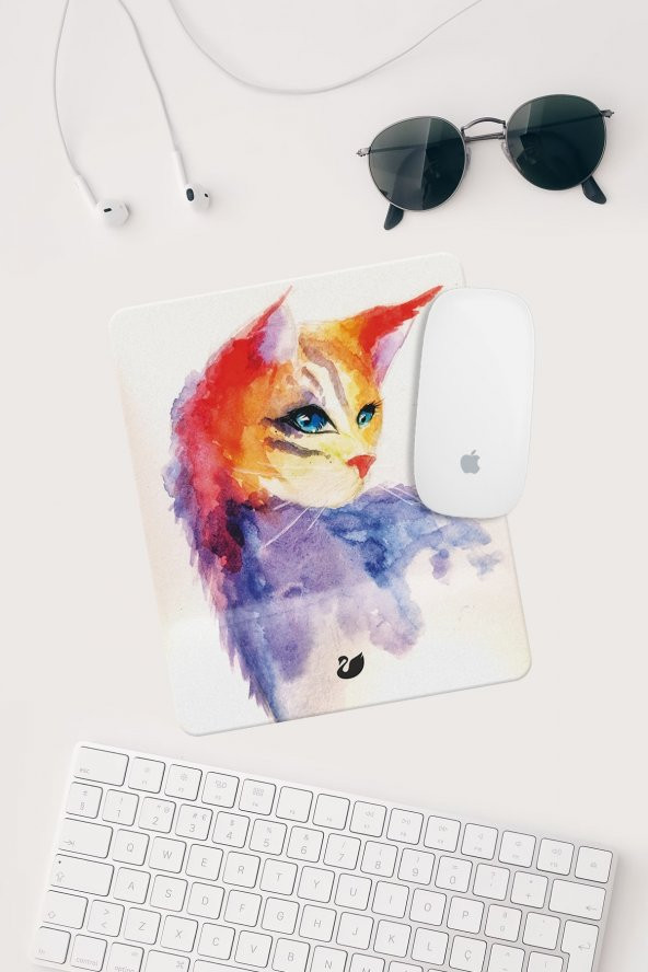 Kedi Çizimli Bilek Destekli Dikdörtgen Mouse Pad Mouse Altlığı