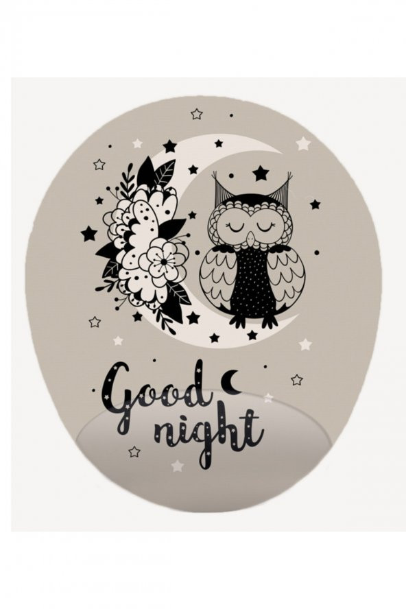 Baykuş Good Night Görselli - Bilek Destekli Oval Mouse Pad