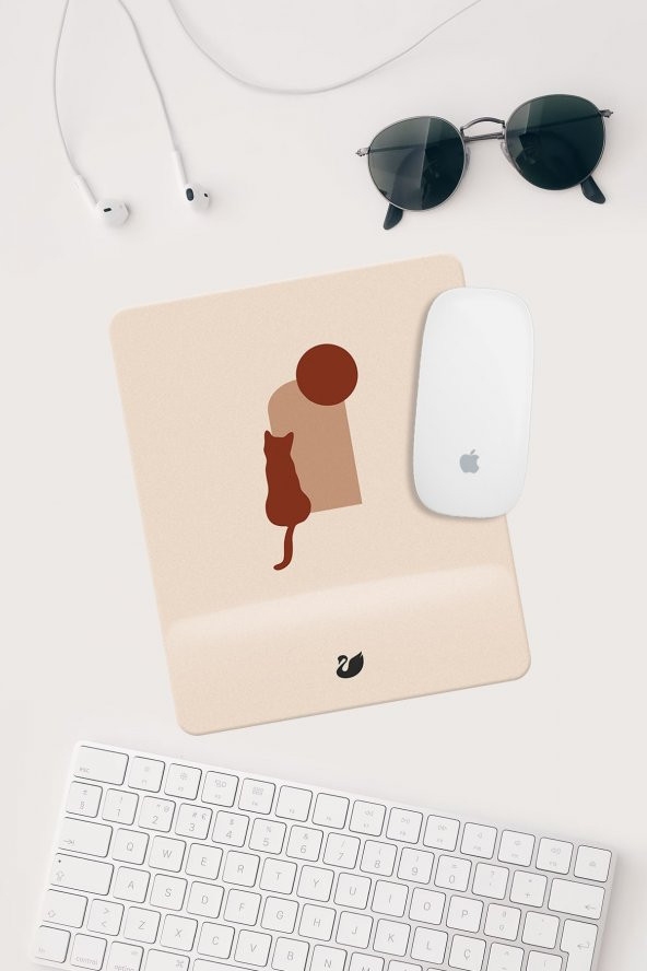 Minimal Kedi Çizimli Bilek Destekli Dikdörtgen Mouse Pad Mouse Altlığı
