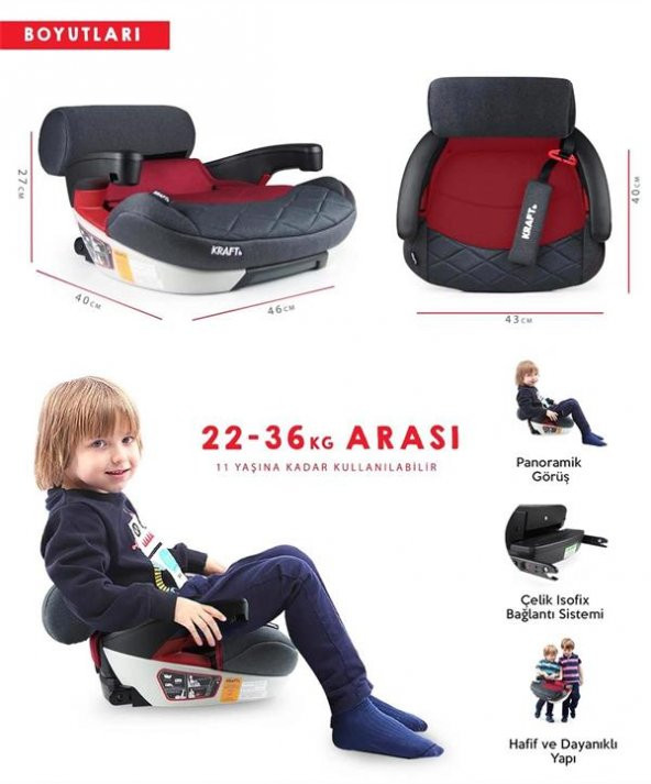 Kraft Flat Fix Plus Booster Oto Koltuğu Kırmızı - 3