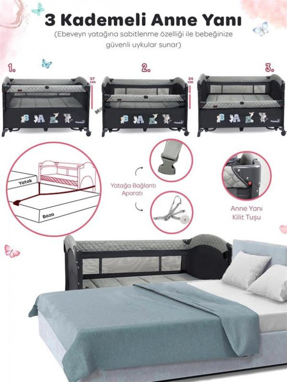 Prego Premium Anne Yanı Oyun Parkı 70*120 Cm Gri - 2