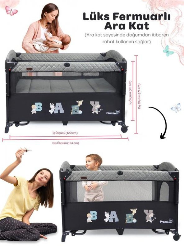 Prego Premium Anne Yanı Oyun Parkı 70*120 Cm Gri - 5